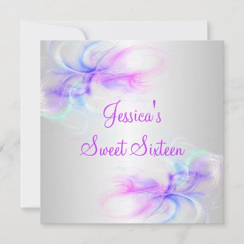 Sweet 16 Birthday Silver &amp; Pink Purple Blue Swirls Custom Invite