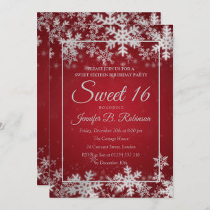 Sweet 16 Birthday Silver Red Foil Snowflakes Invitation