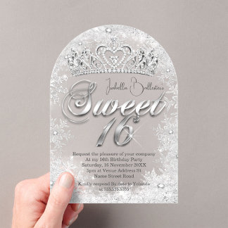 Sweet 16 Birthday Silver snowflakes Tiara Acrylic Invitations