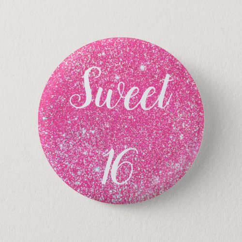 SWEET 16 Birthday Sparkle Hot Pink Glitter Button
