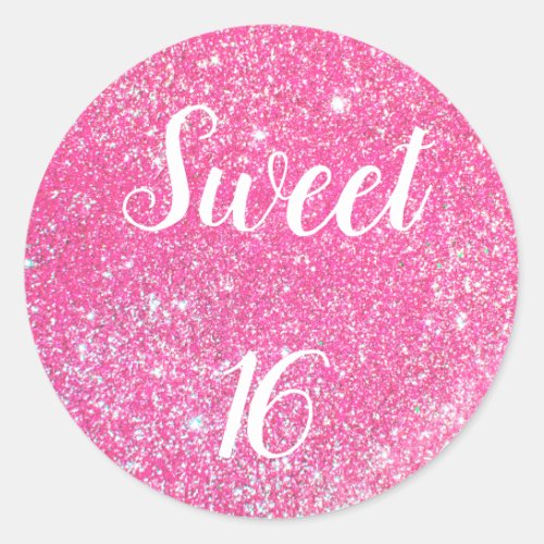 SWEET 16 Birthday Sparkle Hot Pink Glitter Classic Round Sticker