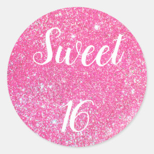 SWEET 16 Birthday Sparkle Hot Pink Glitter Classic Round Sticker