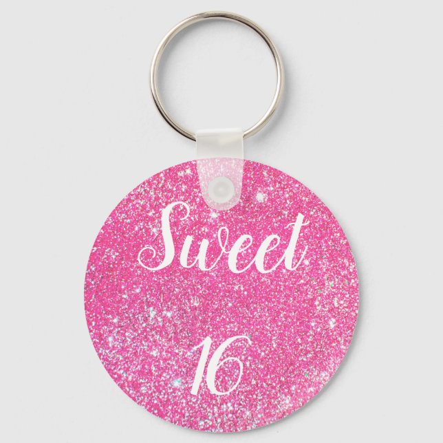 SWEET 16 Birthday Sparkle Hot Pink Glitter Keychain (Front)