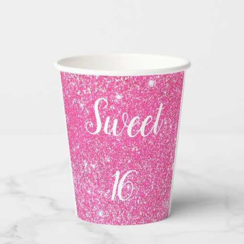 SWEET 16 Birthday Sparkle Hot Pink Glitter Paper Cups
