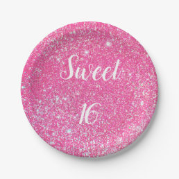 SWEET 16 Birthday Sparkle Hot Pink Glitter Paper Plates