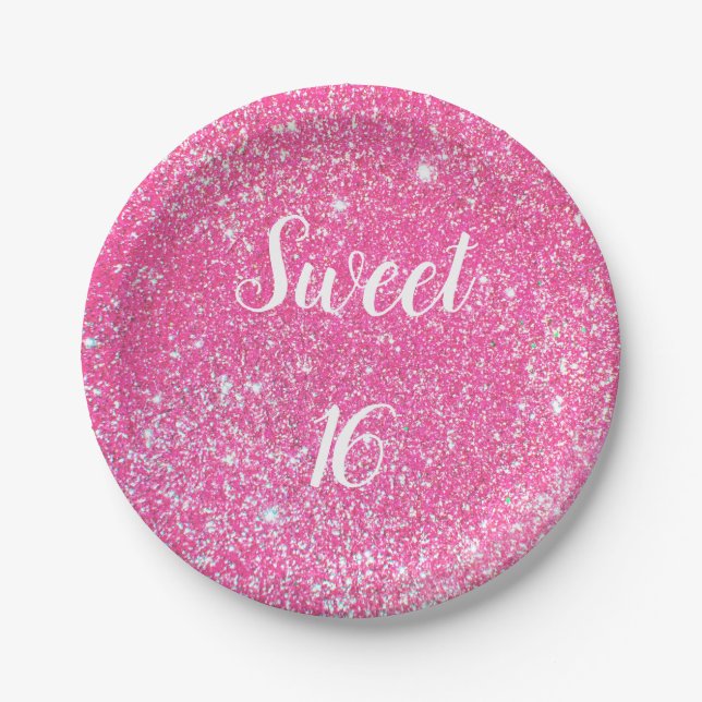 SWEET 16 Birthday Sparkle Hot Pink Glitter Paper Plates (Front)
