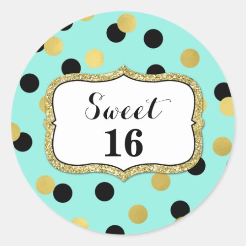 Sweet 16 Birthday Teal Black Gold Confetti Classic Round Sticker