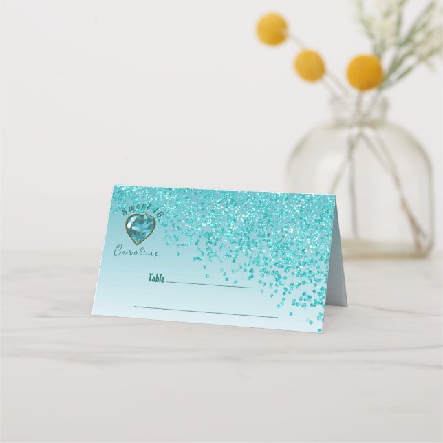 Sweet 16 Birthday Teal Blue Glitter & Blue Gem Place Card (Front)