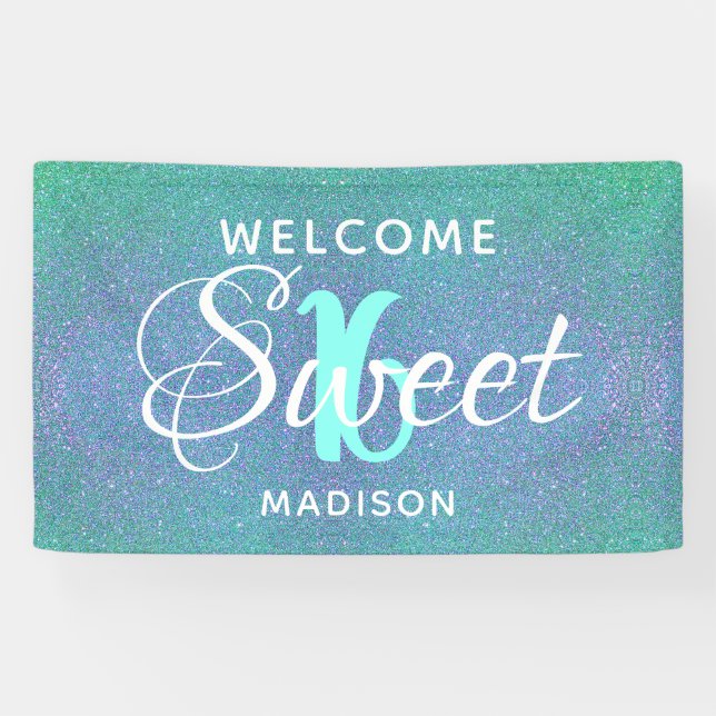 Sweet 16 Birthday Teal Blue Glitter Personalized Banner (Horizontal)