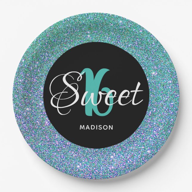 Sweet 16 Birthday Teal Blue Glitter Personalized Paper Plates (Front)