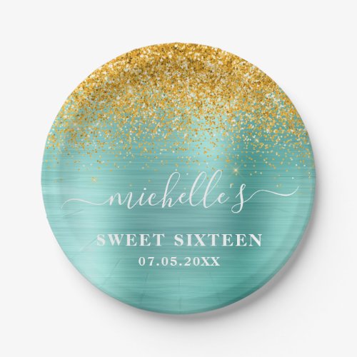 Sweet 16 Birthday Teal Gold Glitter Sparkle Name Paper Plates