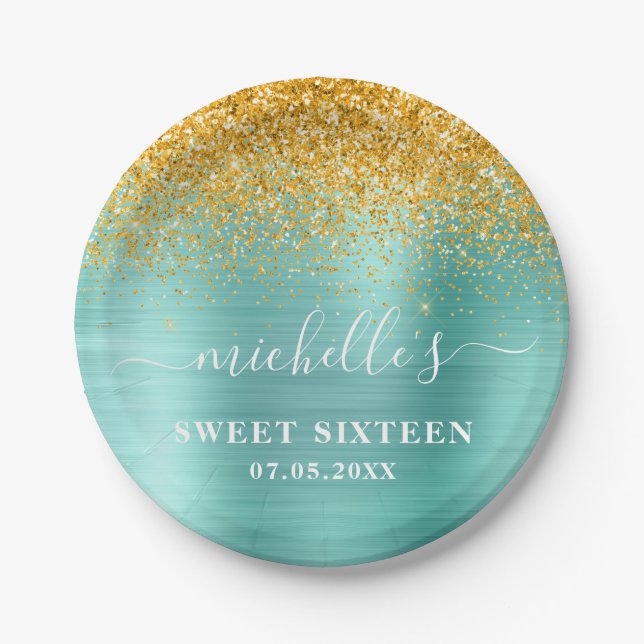 Sweet 16 Birthday Teal Gold Glitter Sparkle Name Paper Plates (Front)