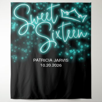 Sweet 16 Birthday Teal Neon Glow Backdrops by LitleStarPaper at Zazzle