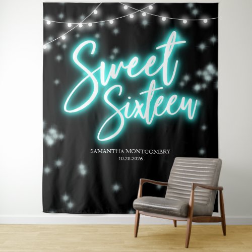 Sweet 16 Birthday Teal Neon Glow Dark Backdrop