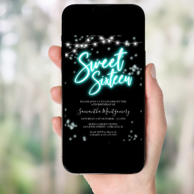 Sweet 16 Birthday Teal Neon Glow Dark Party Invitation (Front Digital)