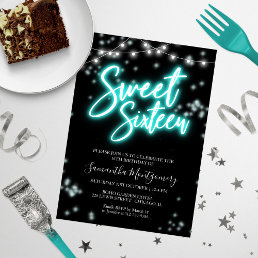 Sweet 16 Birthday Teal Neon Glow Dark Party Invitation