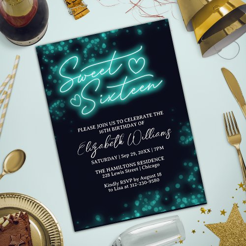 Sweet 16 Birthday Teal Neon Glow Dark Party Invitation