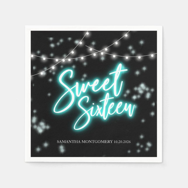 Sweet 16 Birthday Teal Neon Glow Dark Party Napkins (Front)