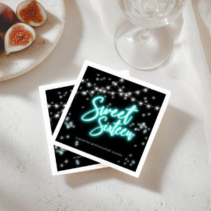 Sweet 16 Birthday Teal Neon Glow Dark Party Napkins