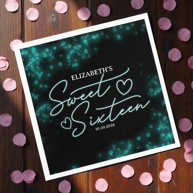 Sweet 16 Birthday Teal Neon Glow Dark Party Napkins (Creator Uploaded)