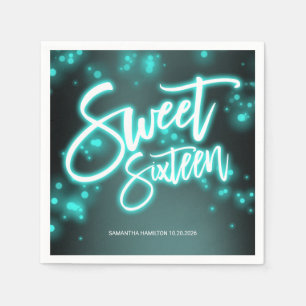 Sweet 16 Birthday Teal Neon Glow Dark Party Napkins