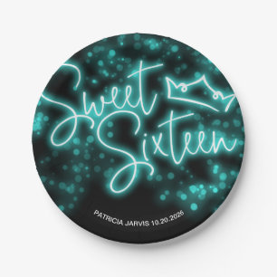 Sweet 16 Birthday Teal Neon Glow Dark Party Paper Plates