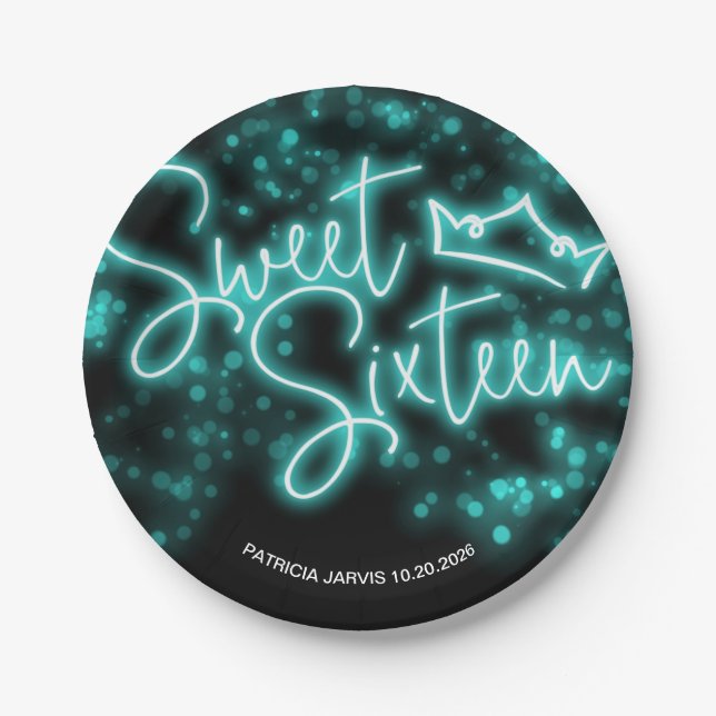 Sweet 16 Birthday Teal Neon Glow Dark Party Paper Plates (Front)
