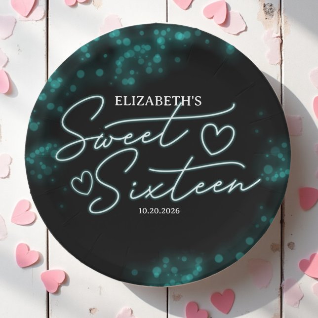Sweet 16 Birthday Teal Neon Glow Dark Party Paper Plates (Creator Uploaded)