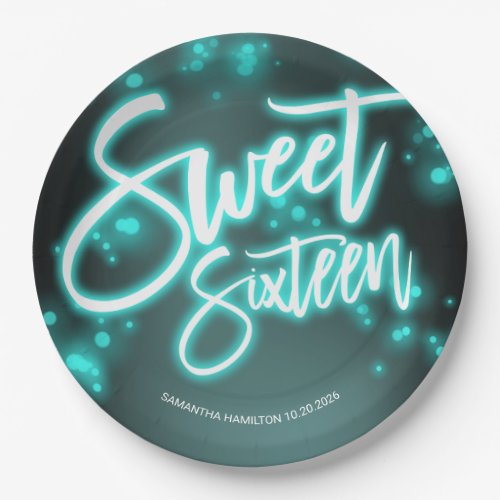 Sweet 16 Birthday Teal Neon Glow Dark Party Paper Plates