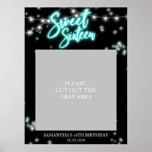 Sweet 16 Birthday Teal Neon Glow Dark Party Poster