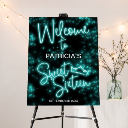 Sweet 16 Birthday Teal Neon Glow Welcome Sign