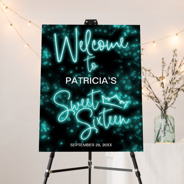 Sweet 16 Birthday Teal Neon Glow Welcome Sign (In Situ (Stand))