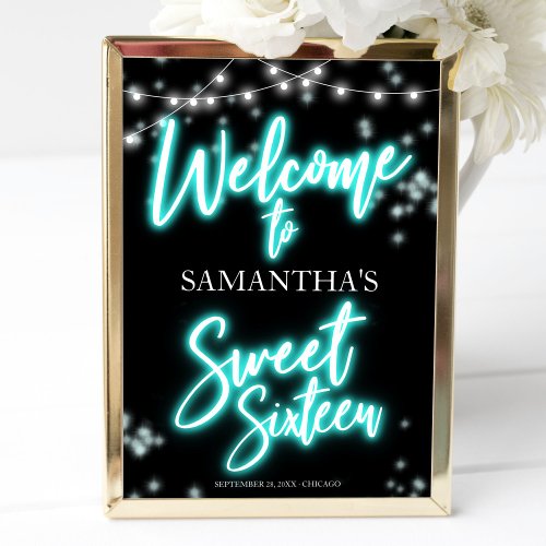 Sweet 16 Birthday Teal Neon Glow Welcome Sign