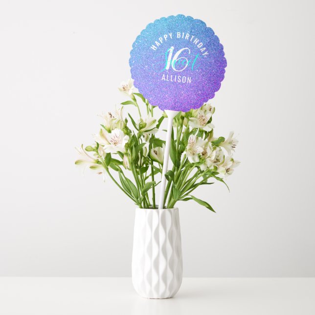 Sweet 16 Birthday Teal Purple Glitter Personalized Balloon (Vase)