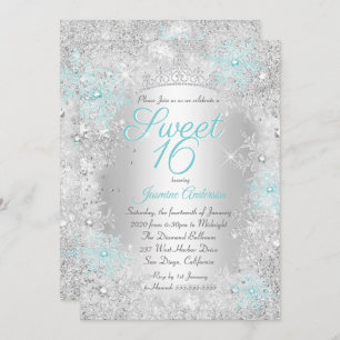 Sweet 16 Birthday Teal Silver Winter Wonderland Invitation