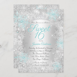 Sweet 16 Birthday Teal Silver Winter Wonderland Invitation