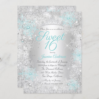 Sweet 16 Birthday Teal Silver Winter Wonderland Invitation