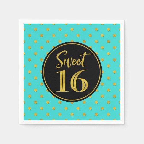 Sweet 16 Birthday Turquoise Black Gold Dots Napkins