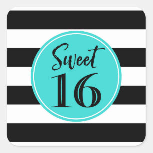 Sweet 16 Birthday Turquoise Black White Square Sticker