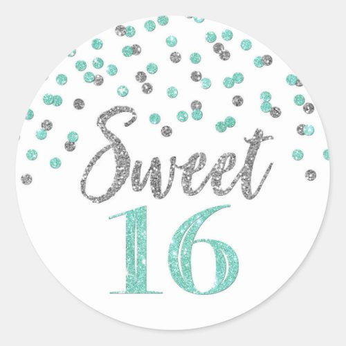 Sweet 16 Birthday Turquoise Blue Silver Confetti Classic Round Sticker