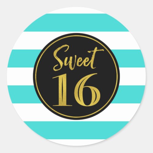 Sweet 16 Birthday Turquoise Gold White Stripes Classic Round Sticker