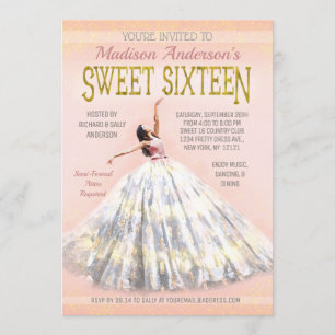 Sweet 16 Birthday Watercolor Dress Blush Pink Gold Invitation