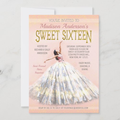 Sweet 16 Birthday Watercolor Dress Blush Pink Gold Invitation