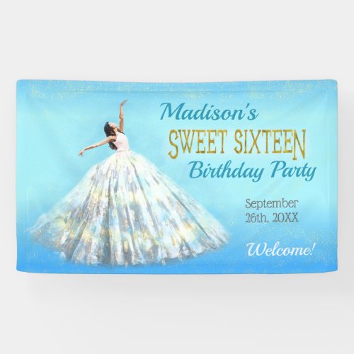 Sweet 16 Birthday Watercolor Dress Royal Blue Gold Banner