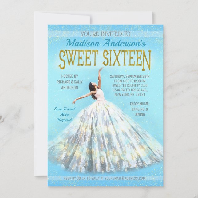 Sweet 16 Birthday Watercolor Dress Royal Blue Gold Invitation (Front)