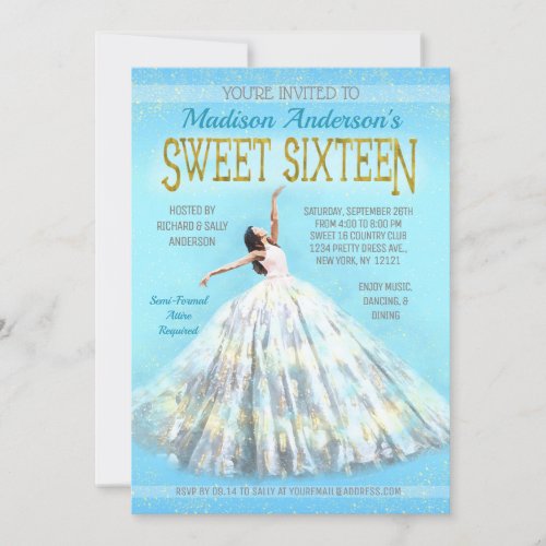 Sweet 16 Birthday Watercolor Dress Royal Blue Gold Invitation