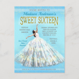 Sweet 16 Birthday Watercolor Dress Royal Blue Gold Postcard