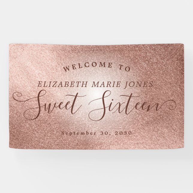 Sweet 16 Birthday Welcome Pink Rose Gold Glitter Banner (Horizontal)