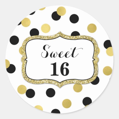 Sweet 16 Birthday White Black Gold Confetti Classic Round Sticker