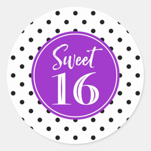 Sweet 16 Birthday White Purple Black Dots Classic Round Sticker